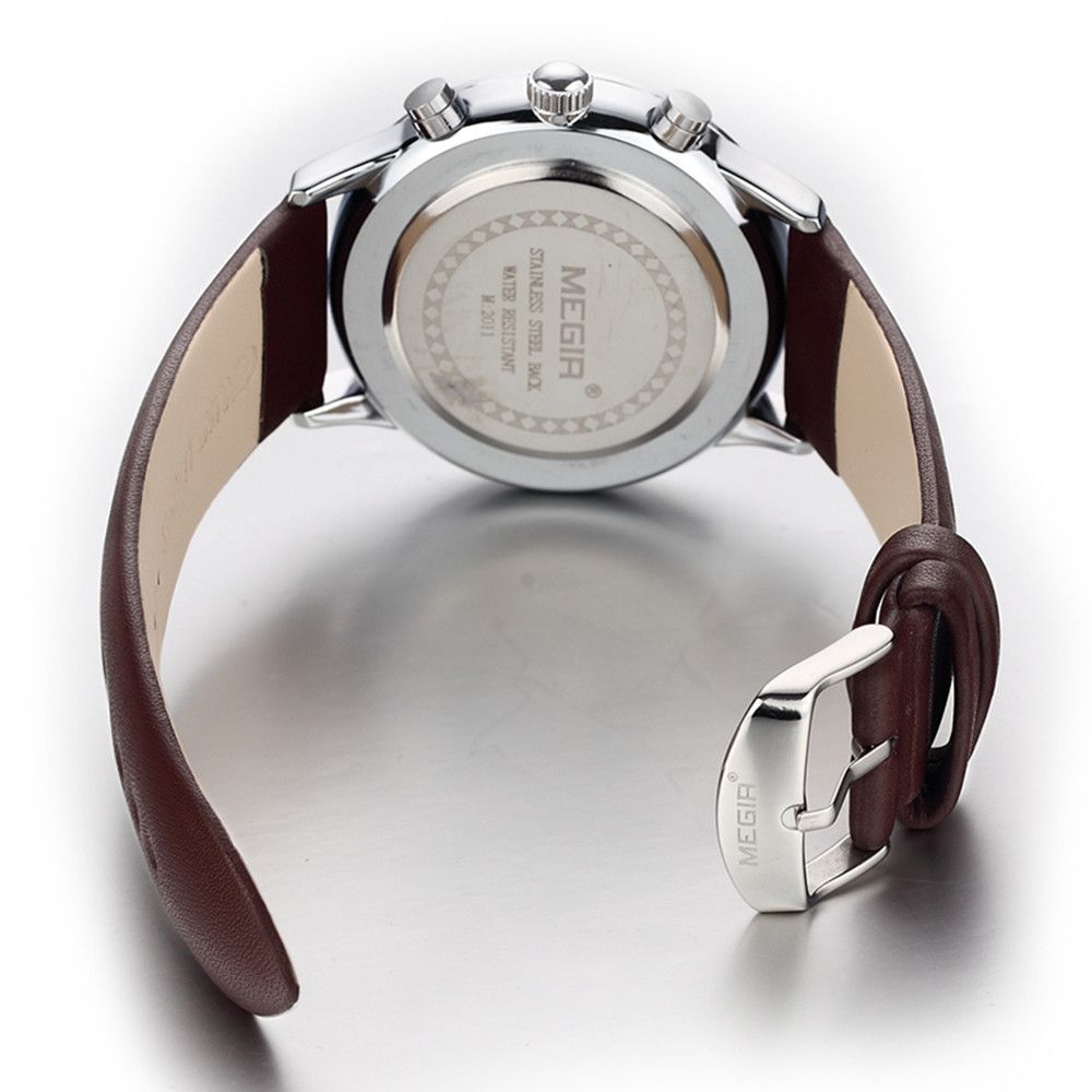 MEGIR 2011 men's chronograph watch caseback and brown leather strap with silver buckle