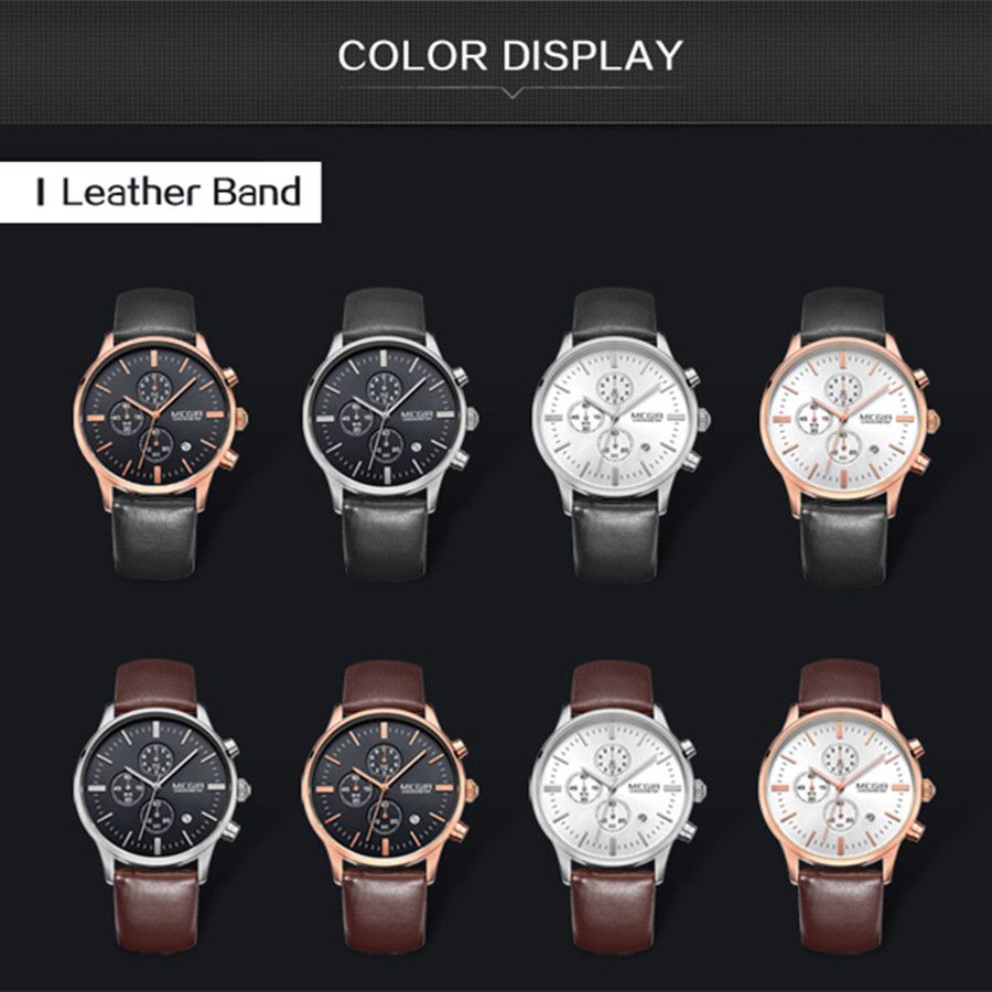 MEGIR 2011 men's chronograph watch color range showing eight silver and rose-gold case and strap combinations