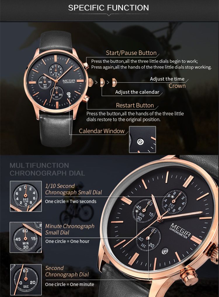 MEGIR 2011 men's chronograph watch feature graphic explaining the chronograph sub-dials and pusher buttons