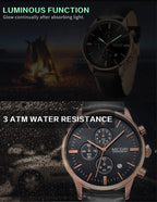 MEGIR 2011 men's chronograph watch feature graphic showing luminous hands and water-resistance rating