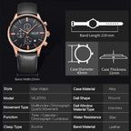 MEGIR 2011 men's chronograph watch parameters graphic with case diameter, thickness and band length