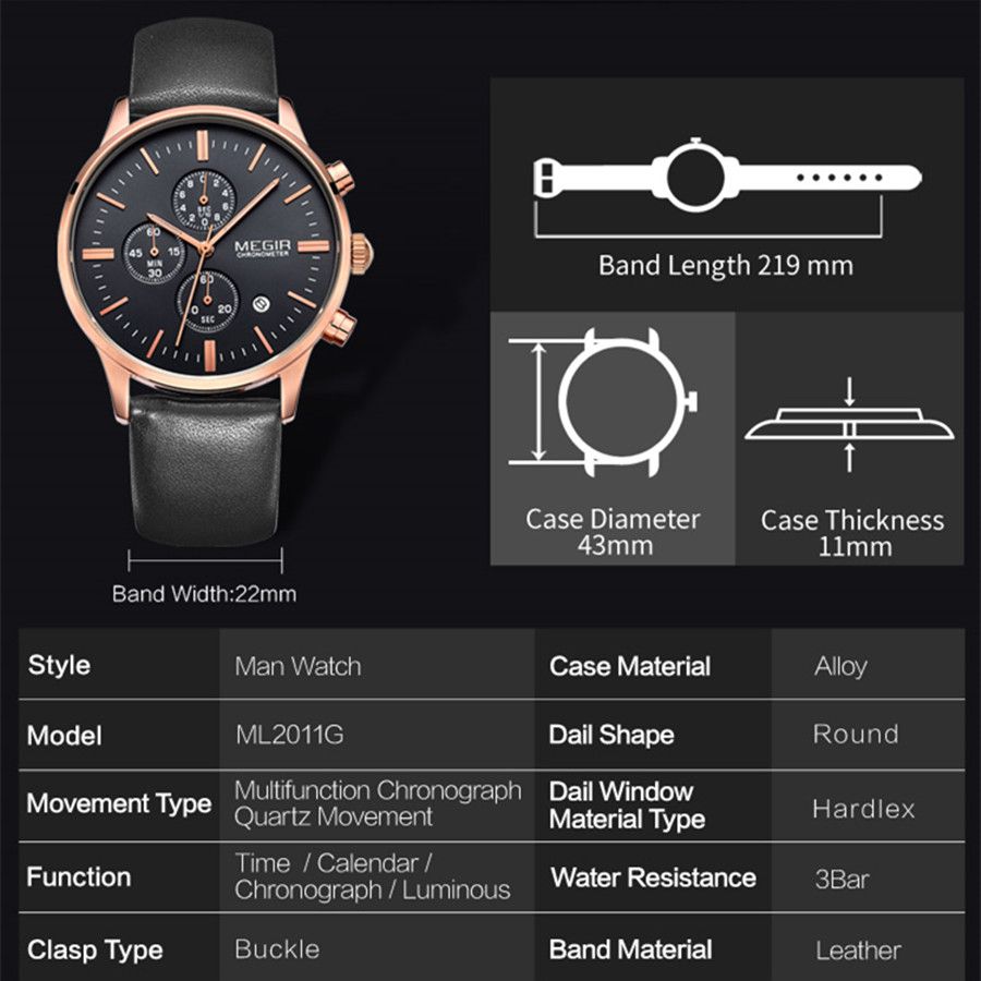 MEGIR 2011 men's chronograph watch parameters graphic with case diameter, thickness and band length