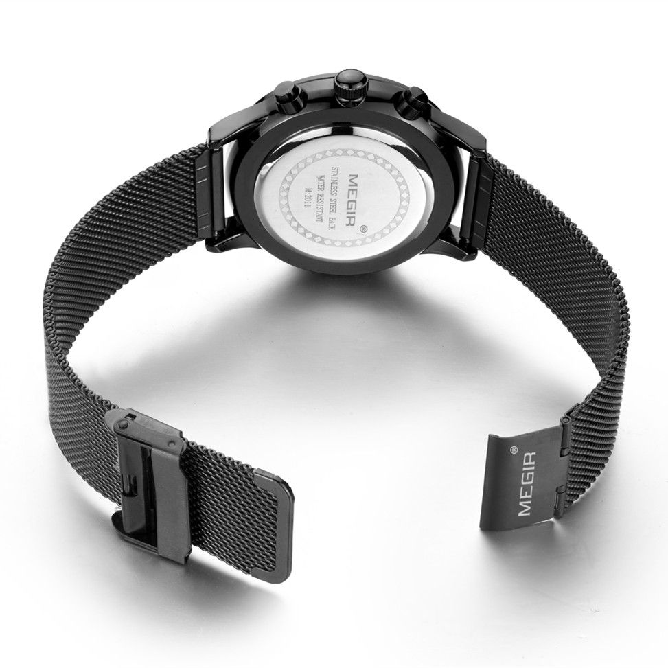 MEGIR 2011 men's chronograph watch caseback and black mesh bracelet with fold-over clasp