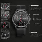 MEGIR 2011 men's chronograph watch operation graphic showing the start, calendar, time and reset buttons