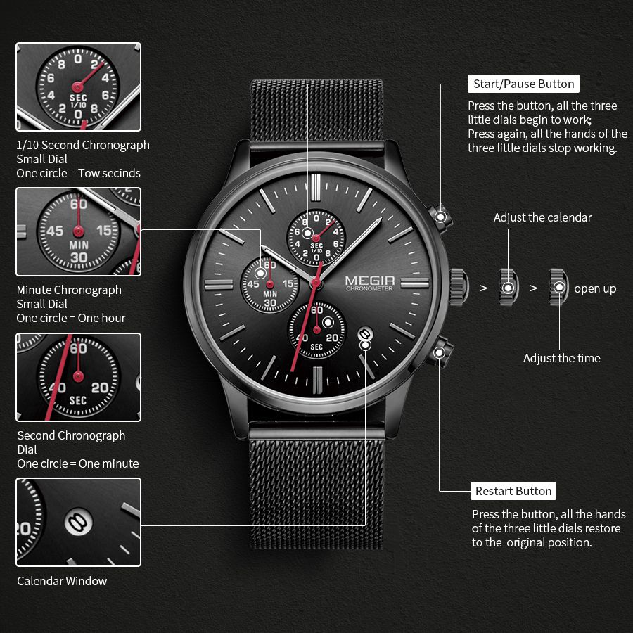MEGIR 2011 men's chronograph watch operation graphic showing the start, calendar, time and reset buttons