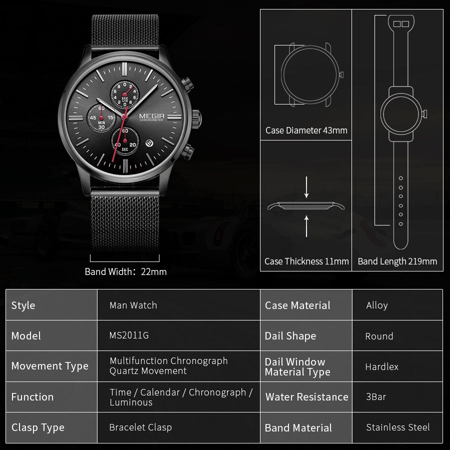 MEGIR 2011 men's chronograph watch parameters graphic with case diameter, thickness and band length