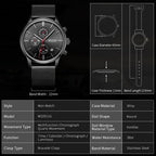 MEGIR 2011 men's chronograph watch parameters graphic with case diameter, thickness and band length