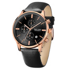 MEGIR 2011 men's chronograph watch, rose-gold case with black dial and black leather strap, angled view