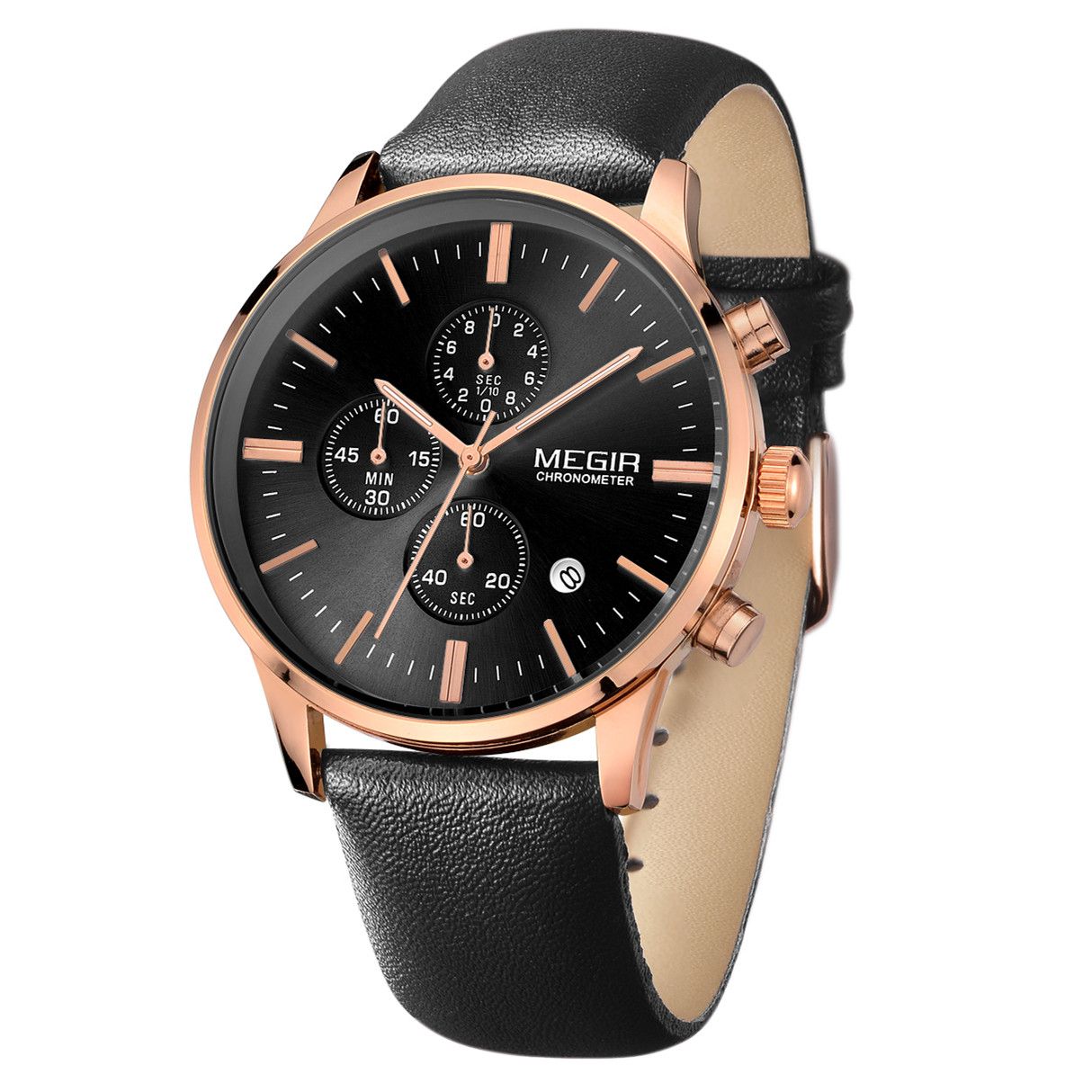 MEGIR 2011 men's chronograph watch, rose-gold case with black dial and black leather strap, angled view