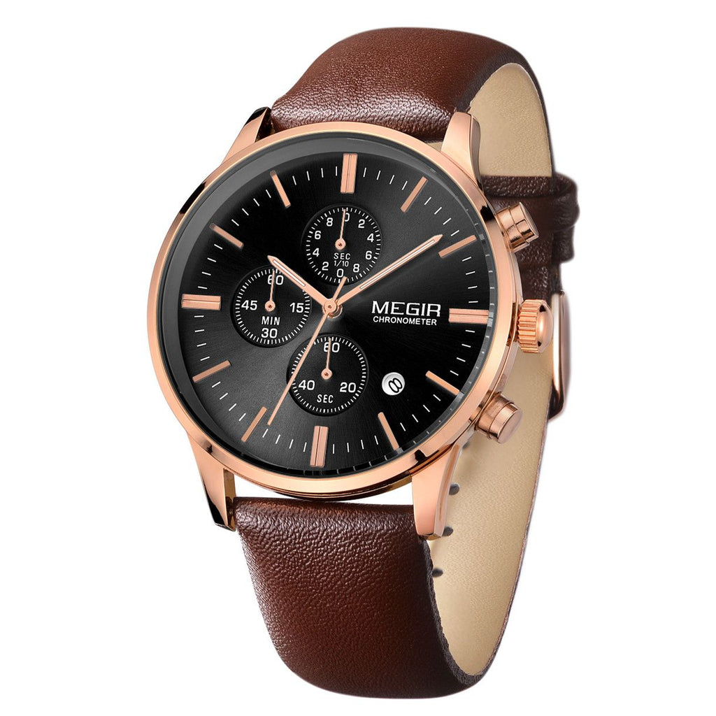 MEGIR 2011 men's chronograph watch, rose-gold case with black dial and brown leather strap, angled view
