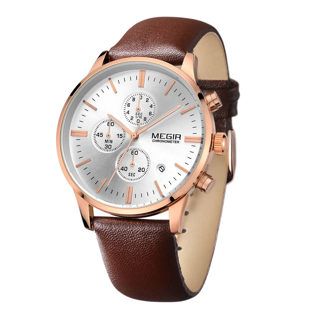 MEGIR 2011 men's chronograph watch, rose-gold case with white dial and brown leather strap, angled view