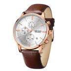 MEGIR 2011 men's chronograph watch, rose-gold case with white dial and brown leather strap, angled view