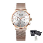 MEGIR 2011 women's chronograph watch, rose-gold case with white dial and mesh bracelet, with gift box