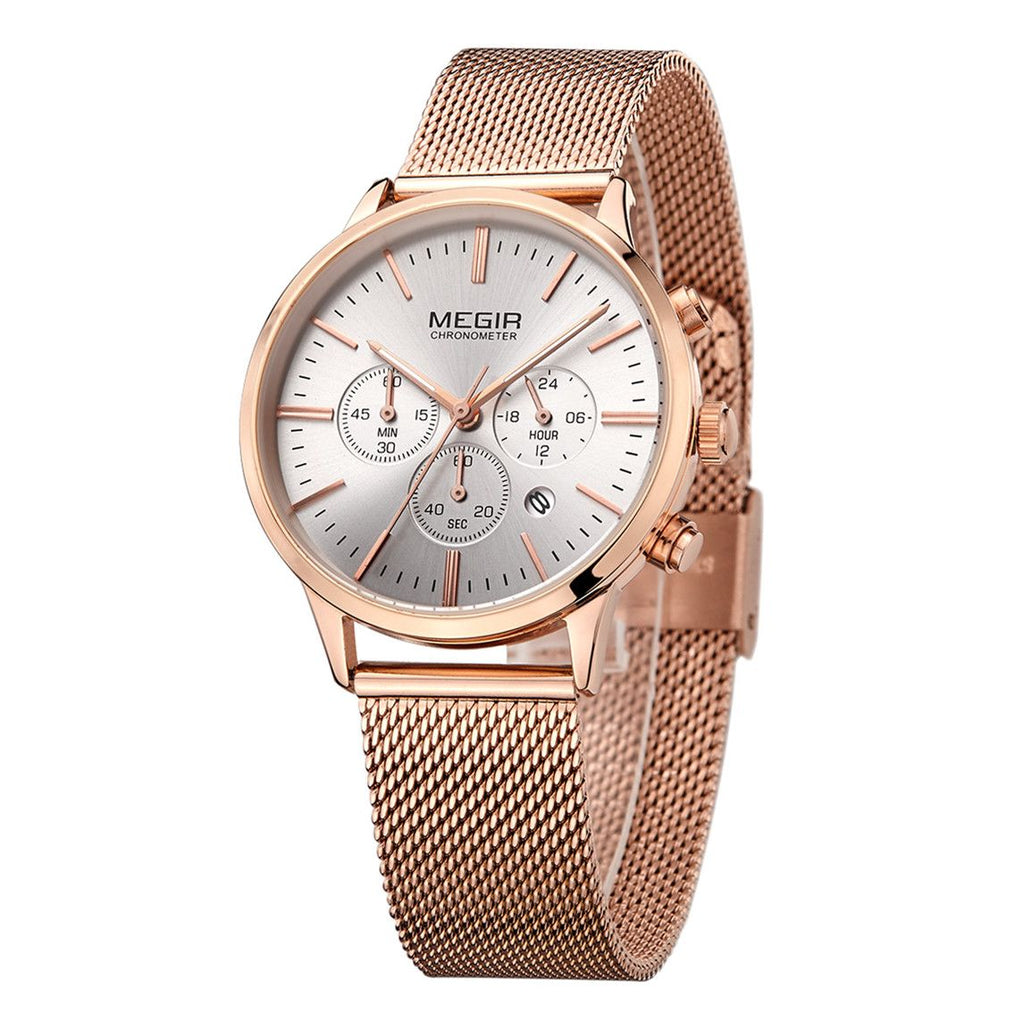 MEGIR 2011 women's chronograph watch, rose-gold case with white dial and mesh bracelet, three-quarter view