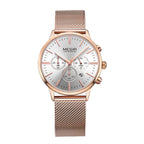MEGIR 2011 women's chronograph watch, rose-gold case with white dial and mesh bracelet, front view
