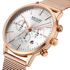 MEGIR 2011 women's chronograph watch, rose-gold case with white dial and mesh bracelet, angled view