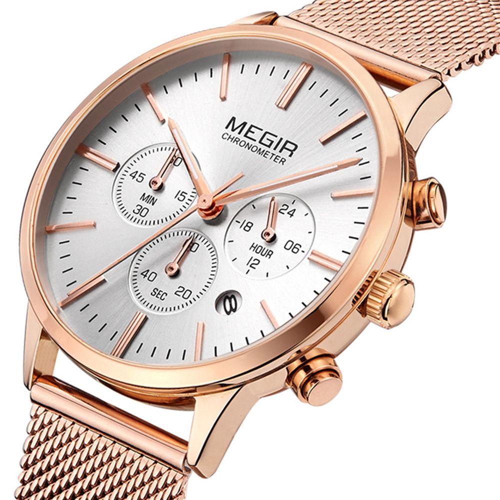 MEGIR 2011 women's chronograph watch, rose-gold case with white dial and mesh bracelet, angled view