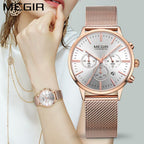 MEGIR 2011 women's chronograph watch on the wrist, rose-gold case with white dial and mesh bracelet