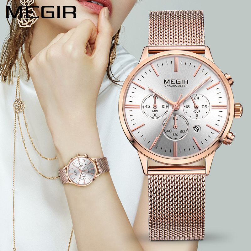 MEGIR 2011 women's chronograph watch on the wrist, rose-gold case with white dial and mesh bracelet