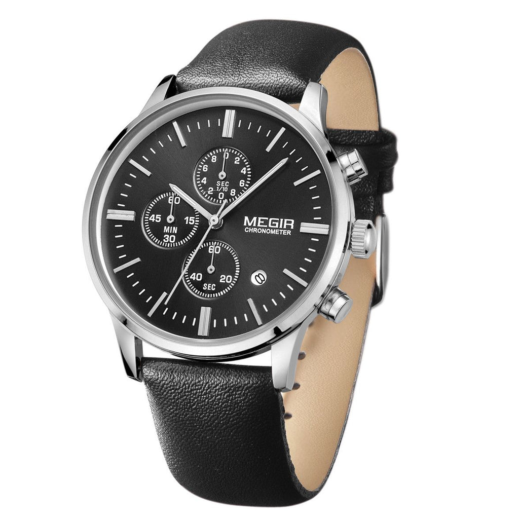 MEGIR 2011 men's chronograph watch, silver case with black dial and black leather strap, angled view