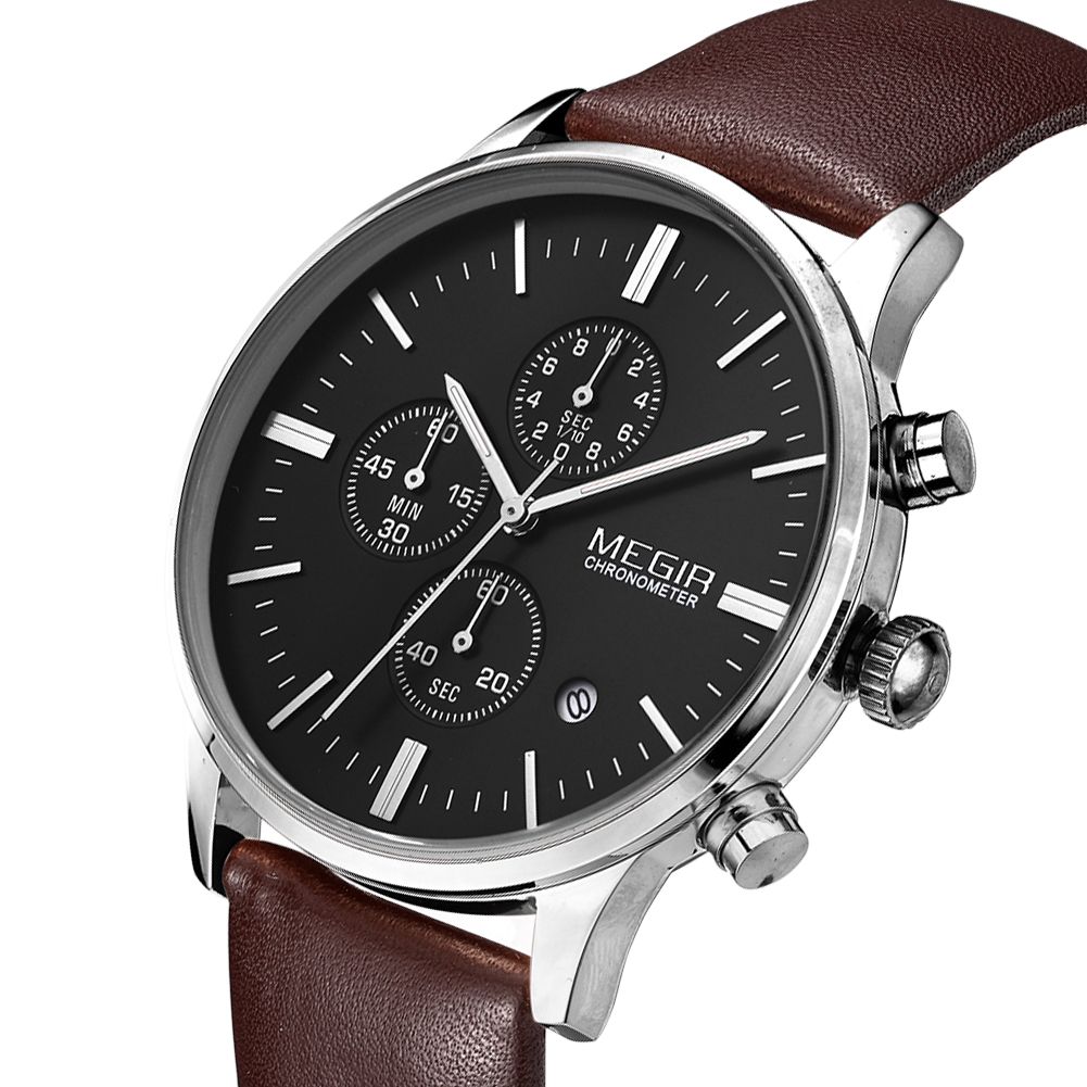 MEGIR 2011 men's chronograph watch, silver case with black dial and brown leather strap, side angle view