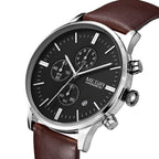 MEGIR 2011 men's chronograph watch, silver case with black dial and brown leather strap, side angle view