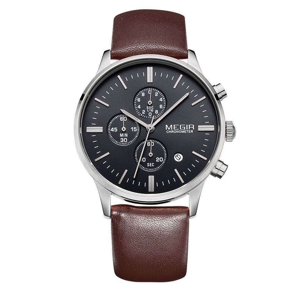 MEGIR 2011 men's chronograph watch, silver case with black dial and brown leather strap, front angle view