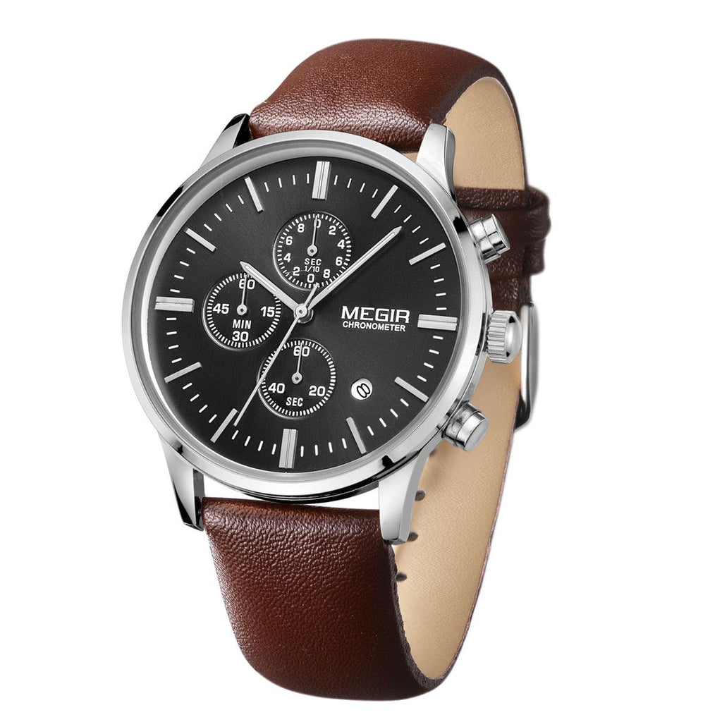 MEGIR 2011 men's chronograph watch, silver case with black dial and brown leather strap, front view