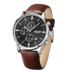 MEGIR 2011 men's chronograph watch, silver case with black dial and brown leather strap, front view