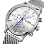 MEGIR 2011 men's chronograph watch, silver case with white dial and silver mesh bracelet, angled view