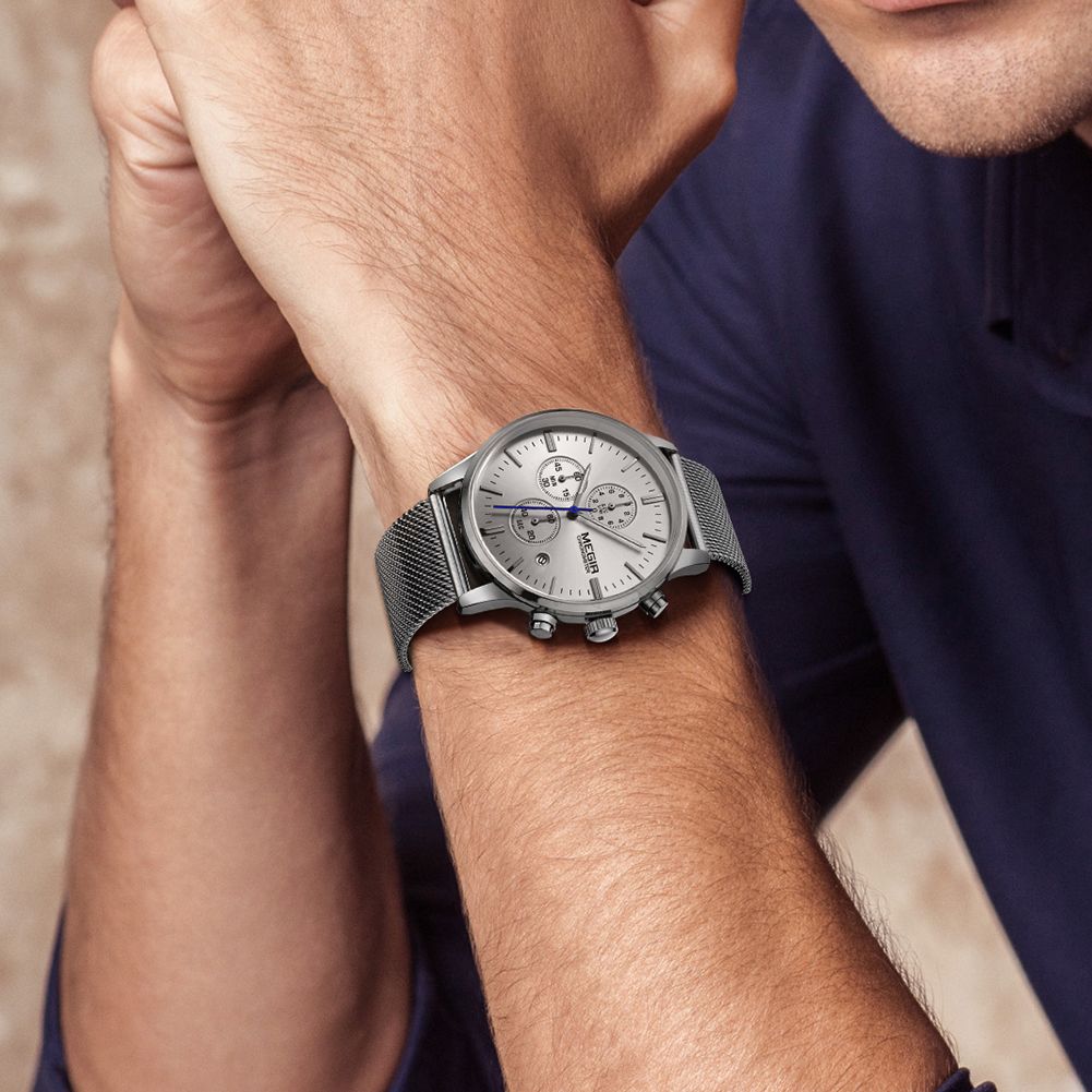 MEGIR 2011 men's chronograph watch on the wrist, silver case with white dial and silver mesh bracelet