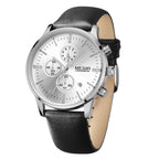 MEGIR 2011 men's chronograph watch, silver case with white dial and black leather strap, angled view