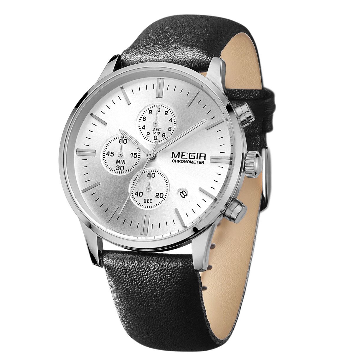 MEGIR 2011 men's chronograph watch, silver case with white dial and black leather strap, angled view