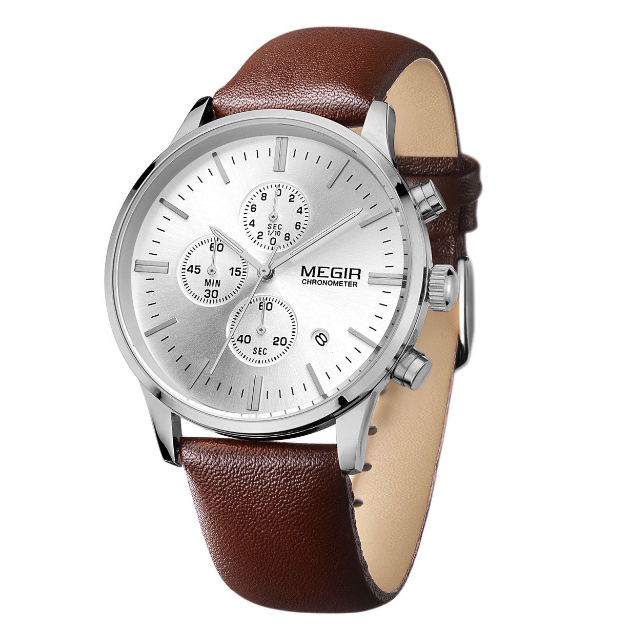 MEGIR 2011 men's chronograph watch, silver case with white dial and brown leather strap, angled view