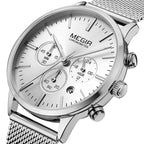MEGIR 2011 women's chronograph watch, silver case with white dial and silver mesh bracelet, angled view