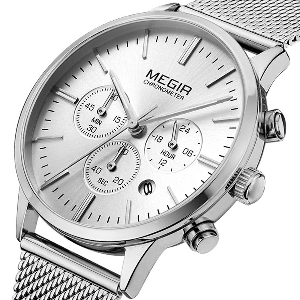 MEGIR 2011 women's chronograph watch, silver case with white dial and silver mesh bracelet, angled view