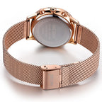 MEGIR 2011 women's chronograph watch caseback and rose-gold mesh bracelet with fold-over clasp