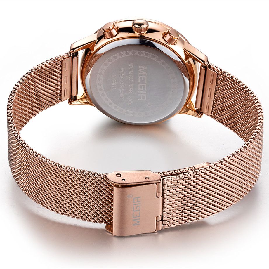 MEGIR 2011 women's chronograph watch caseback and rose-gold mesh bracelet with fold-over clasp