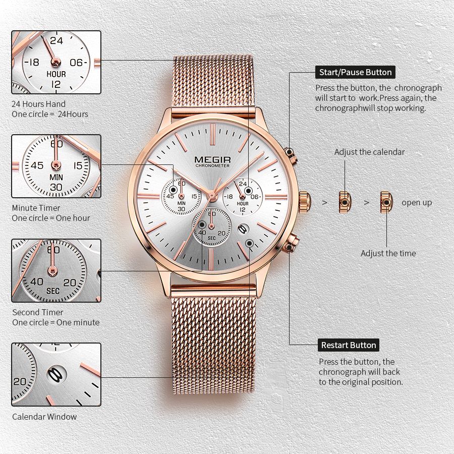 MEGIR 2011 women's chronograph watch operation graphic explaining the 24-hour, minute and second sub-dials