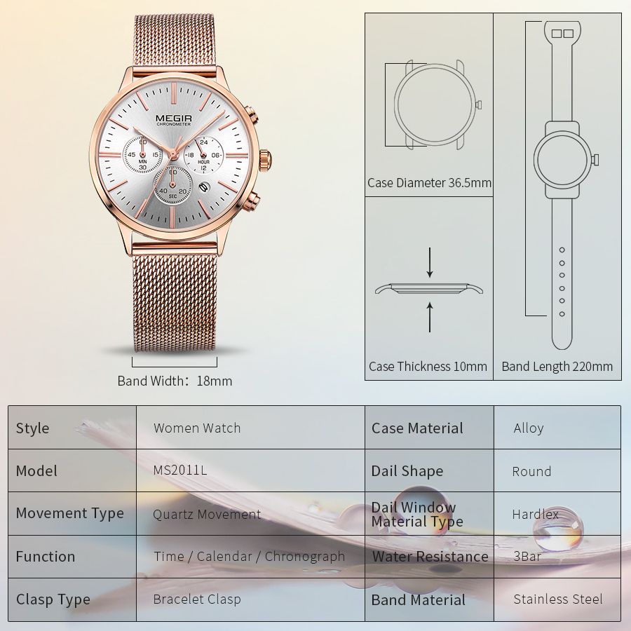 MEGIR 2011 women's chronograph watch parameters graphic with case diameter, thickness and band length