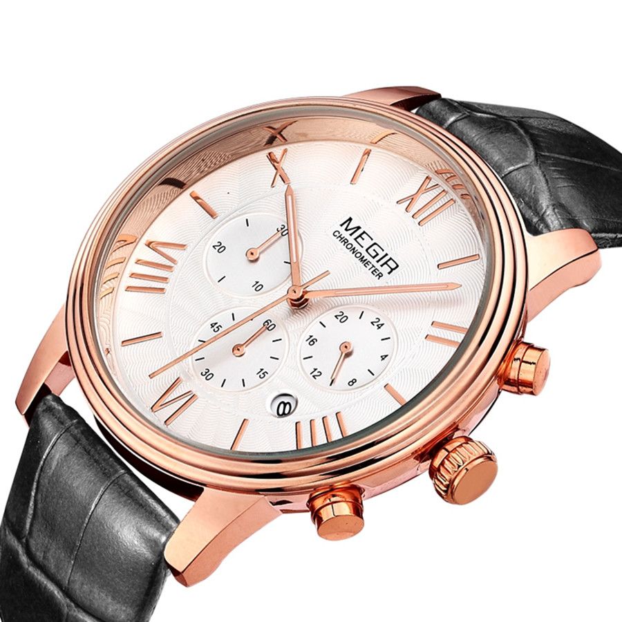 MEGIR 2012 men's chronograph watch, rose-gold case with white dial and black leather strap, angled view