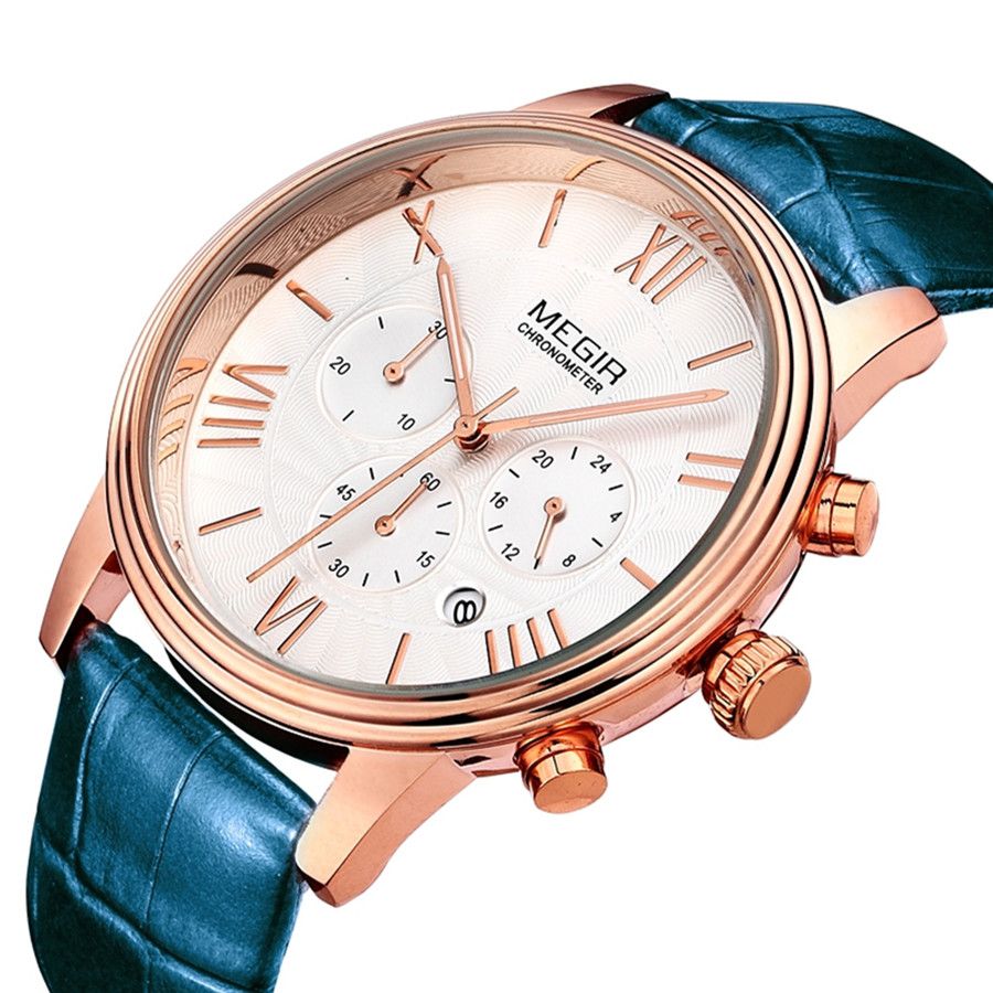 MEGIR 2012 men's chronograph watch, rose-gold case with white dial and blue leather strap, angled view