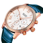 MEGIR 2012 men's chronograph watch, rose-gold case with white dial and blue leather strap, angled view