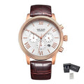 MEGIR 2012 men's chronograph watch, rose-gold case with white dial, Roman numerals and brown leather strap, with gift box