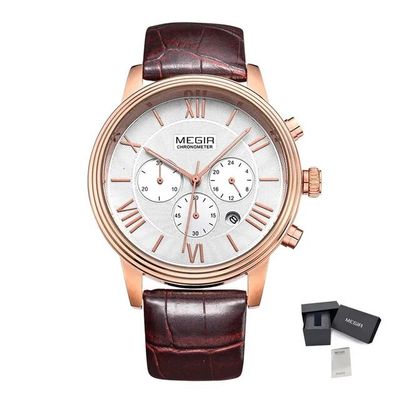 MEGIR 2012 men's chronograph watch, rose-gold case with white dial, Roman numerals and brown leather strap, with gift box