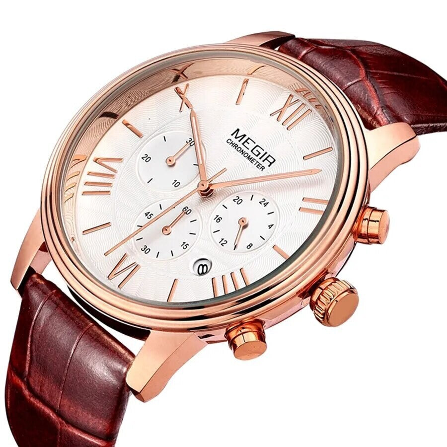 MEGIR 2012 men's chronograph watch, rose-gold case with white dial and brown leather strap, angled view