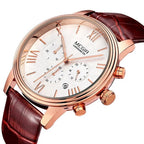 MEGIR 2012 men's chronograph watch, rose-gold case with white dial and brown leather strap, angled view