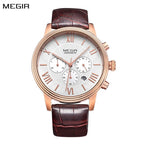 MEGIR 2012 men's chronograph watch, rose-gold case with white dial, Roman numerals and brown leather strap, front view