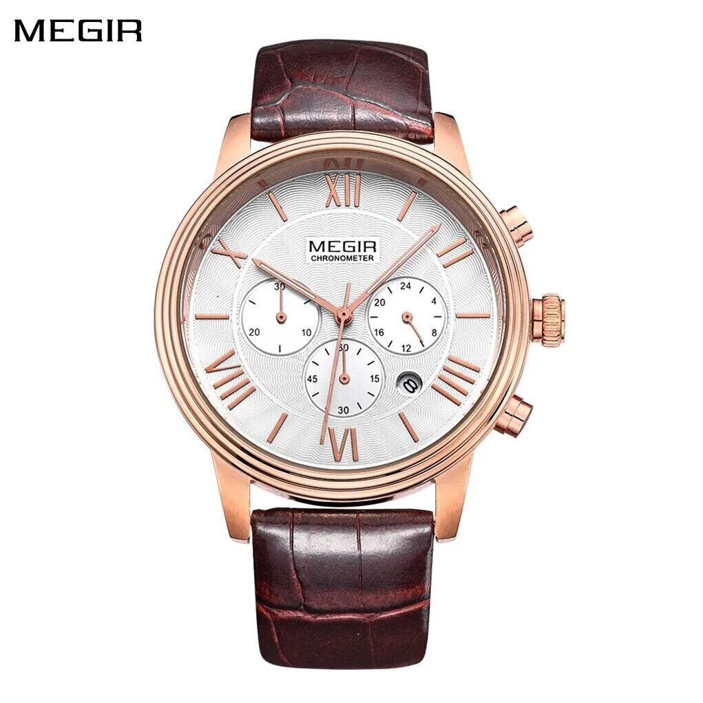 MEGIR 2012 men's chronograph watch, rose-gold case with white dial, Roman numerals and brown leather strap, front view