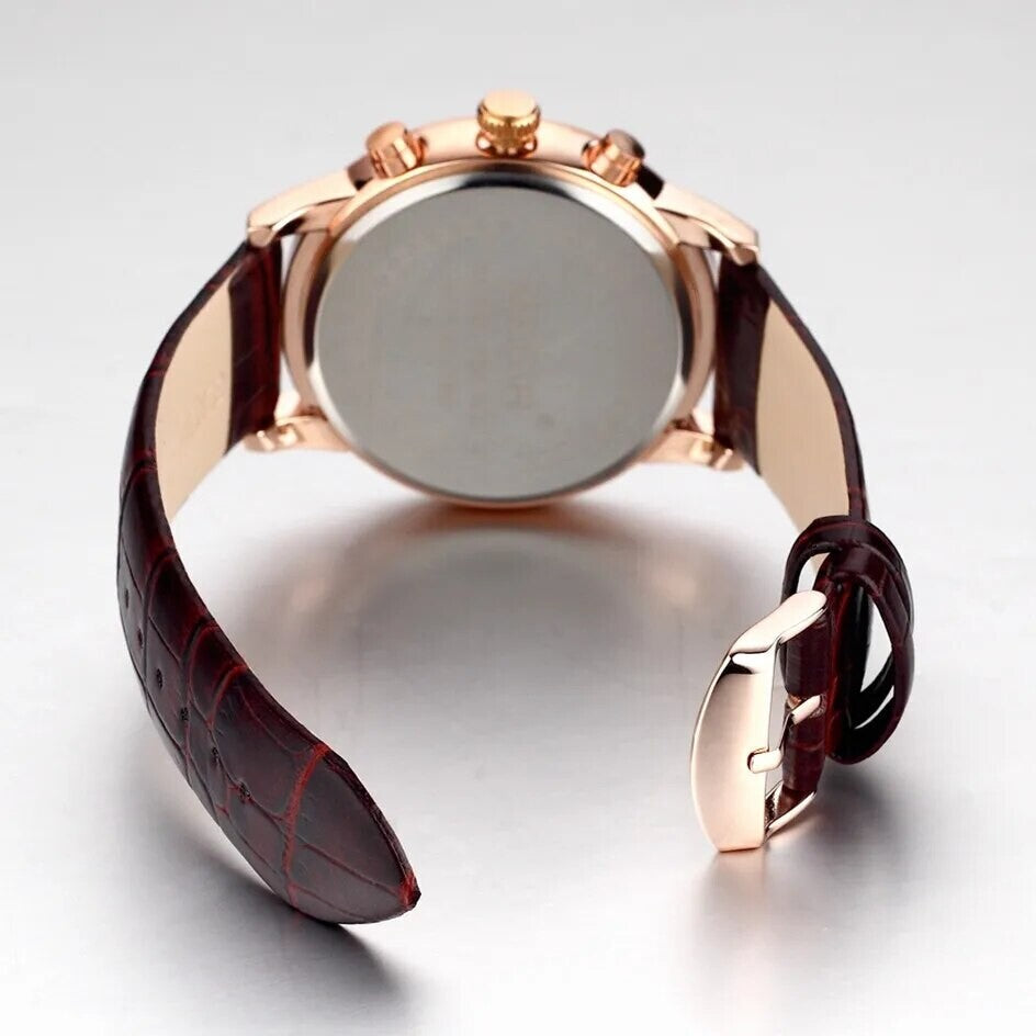 MEGIR 2012 men's chronograph watch caseback and brown leather strap with rose-gold buckle